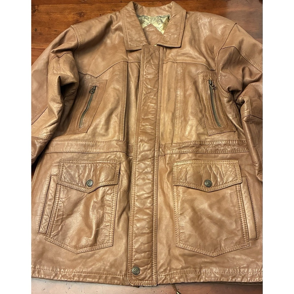 VTG Wilsons Leather Adventure Bound Bomber Jacket Brown Map Lining Size Large